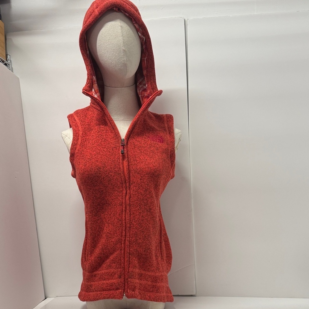 The North Face Hooded Sleeveless Vest 17” pit to pit XS or fitted S. Orange/Red.